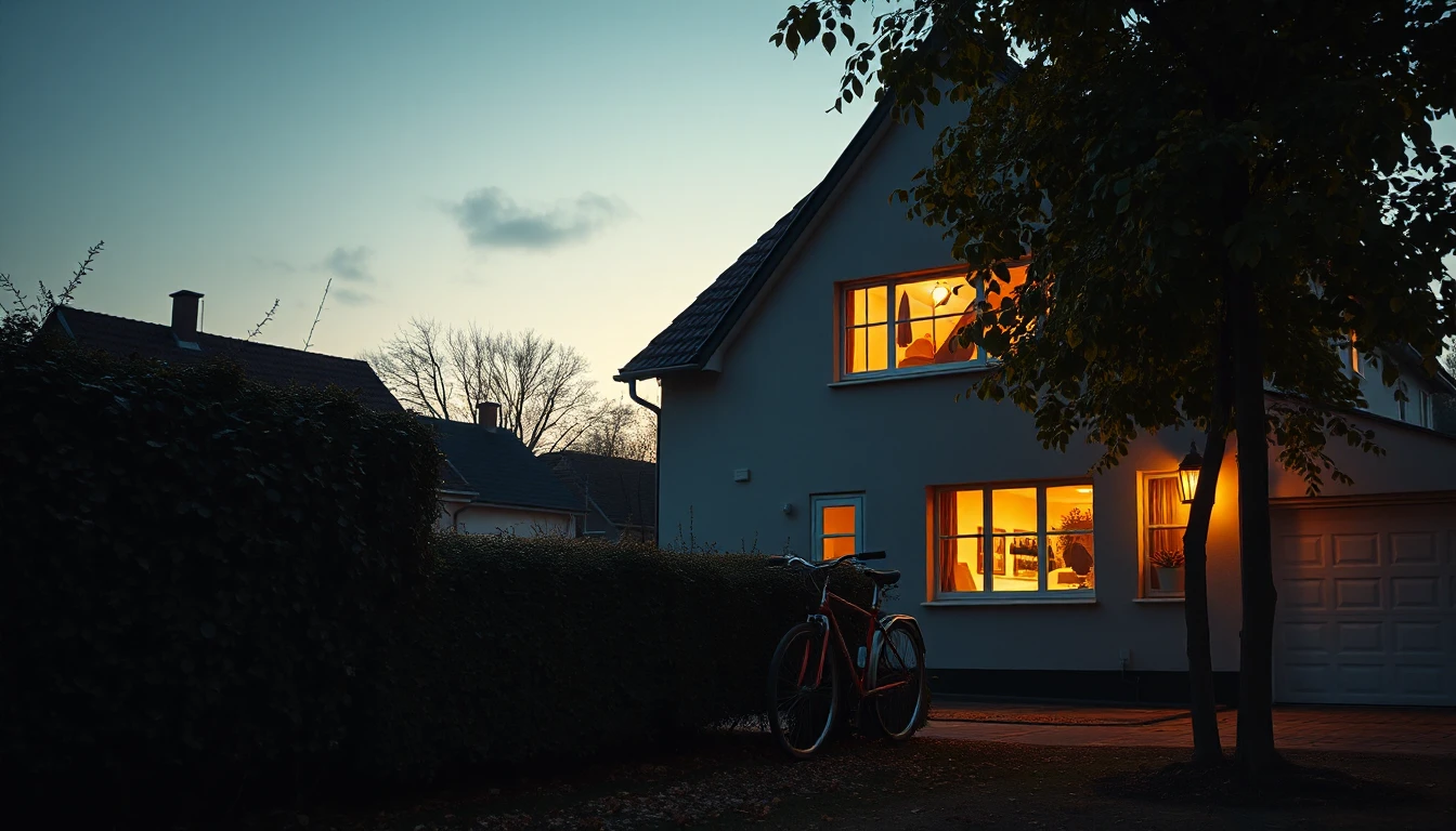 KI-Symbolbild: Ein bewohntes Haus mit warm erleuchteten Fenstern in der Herbstdämmerung, ein Fahrrad lehnt an der Hecke.