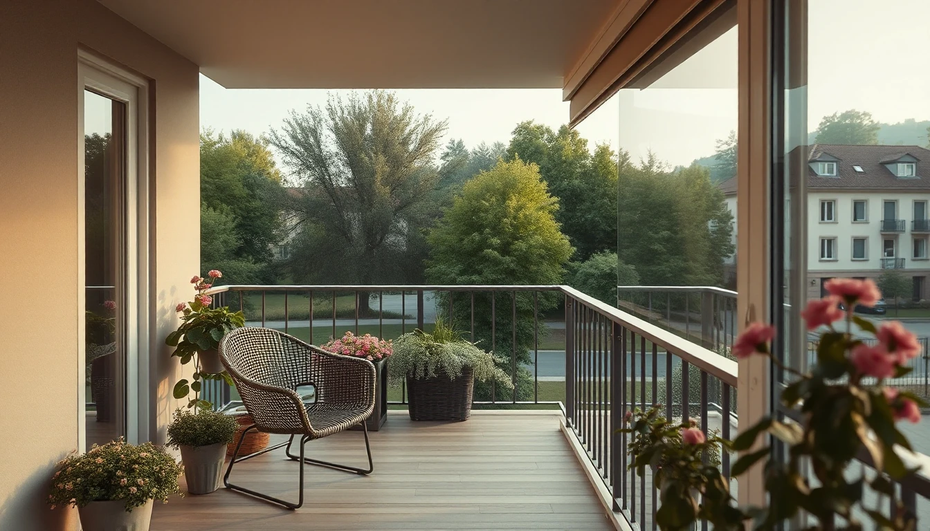 KI-Symbolbild: Ein breiter Balkon mit Korbstuhl und blühenden Pflanzkübeln blickt auf einen Park im Abendlicht.