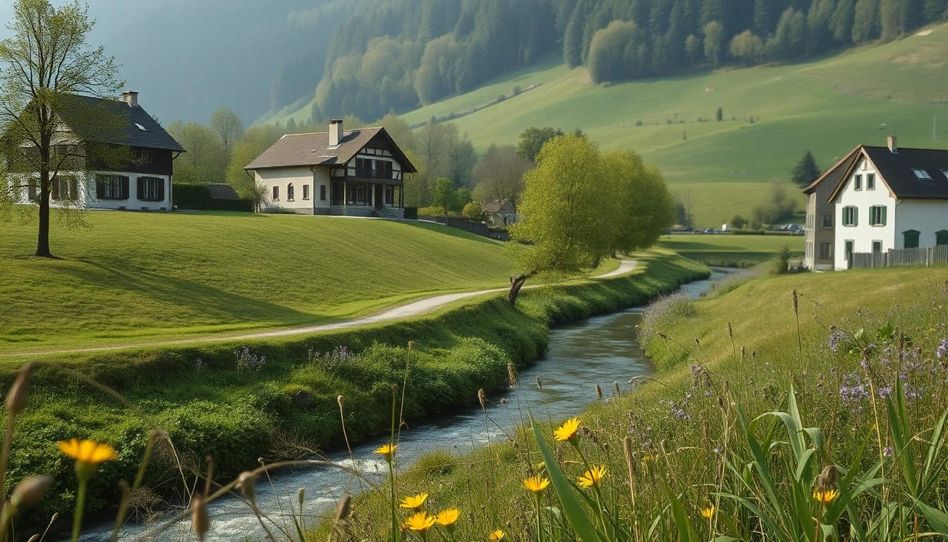 KI-Symbolbild: Eine grüne Wiese fällt zu einem kleinen Bach mit Erlen ab, im Vordergrund Wildblumen, dahinter Häuser eines Dorfes.