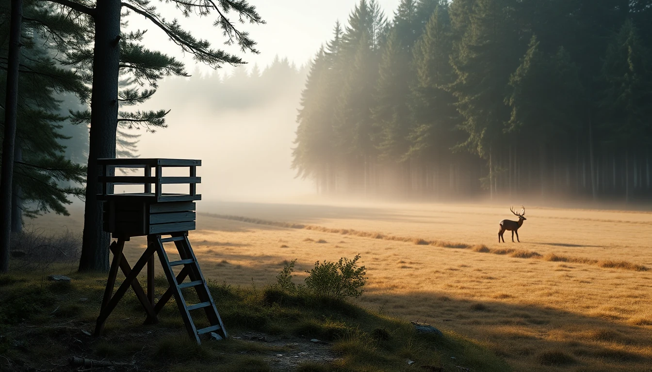 KI-Symbolbild: Ein hölzerner Hochsitz steht am Rand eines Fichtenwaldes, über der Lichtung liegt Morgennebel, in der Ferne ein Hirsch.
