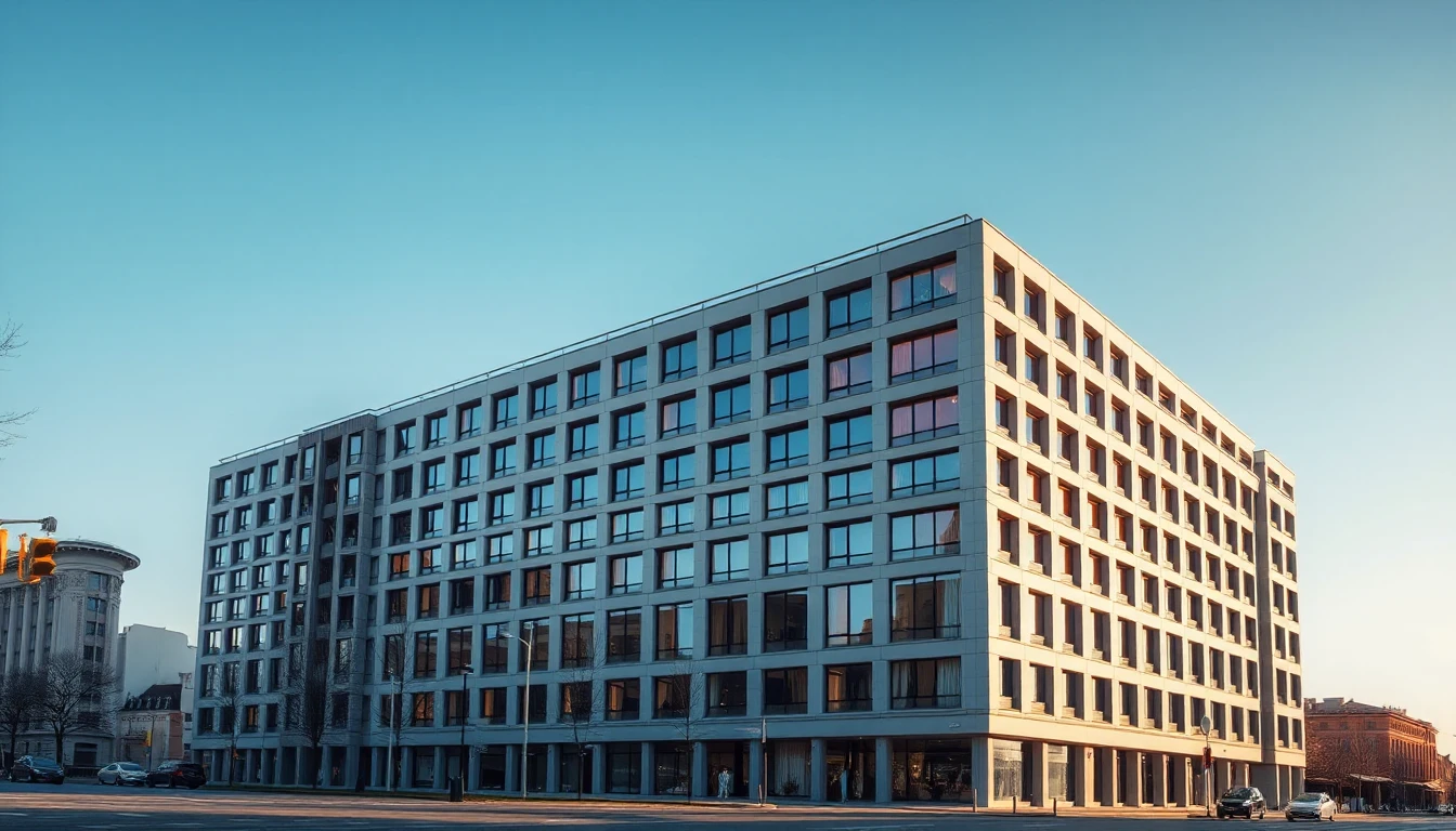 KI-Symbolbild: Ein großes Mehrfamilienhaus mit schlichter Fassade und gleichmäßigen Fensterreihen vor klarem blauem Himmel.