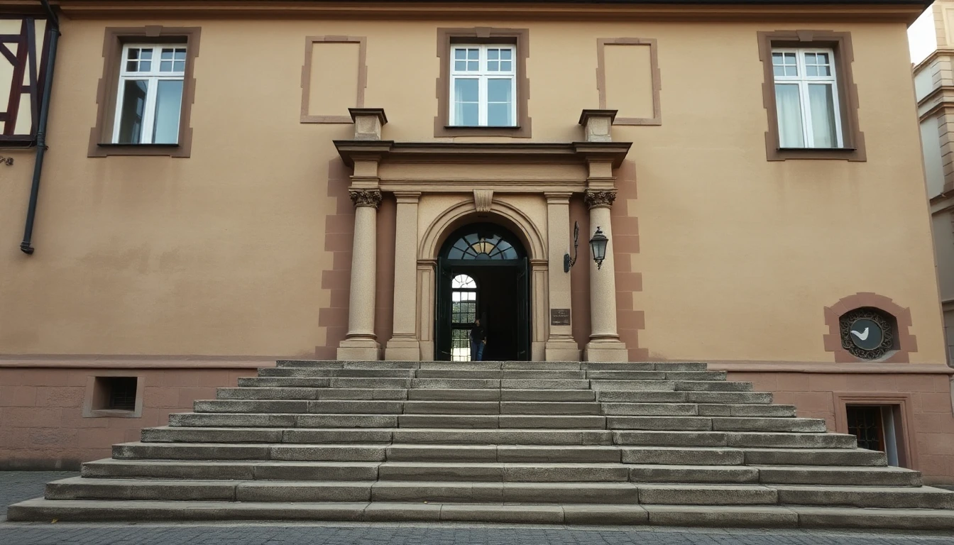KI-Symbolbild: Ein altes Stadthaus mit Sandsteinportal und breiter Steintreppe, im Eingang eine kleine Person im Morgenlicht.