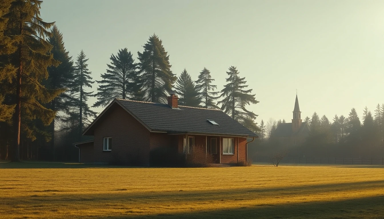 KI-Symbolbild: Ein Bungalow aus den 1960er-Jahren steht auf einem großen Grundstück mit hohen Kiefern, hinten ist klein ein Kirchturm zu sehen.