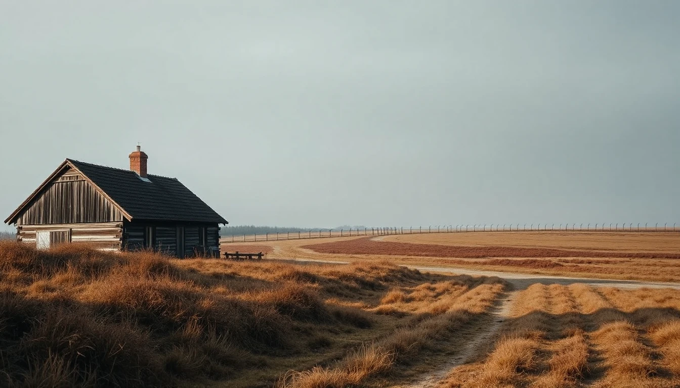 KI-Symbolbild: Ein einzelnes Holzhaus am Rand einer Heidelandschaft, in der Ferne zieht sich ein Zaun über das weite Gelände unter grauem Himmel.