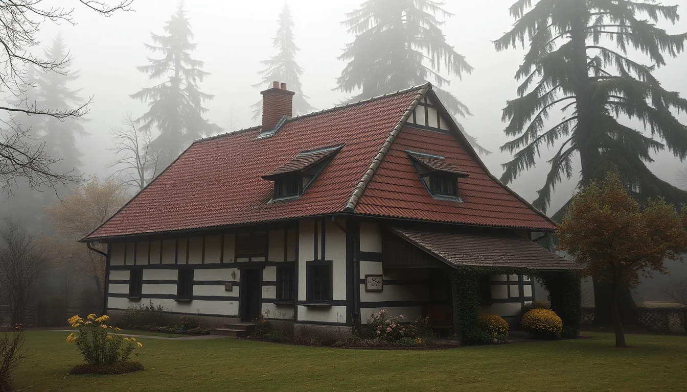 KI-Symbolbild: Ein altes Bauernhaus mit großem Ziegeldach und gepflegtem Blumengarten, umgeben von hohen Nadelbäumen im Herbstnebel.