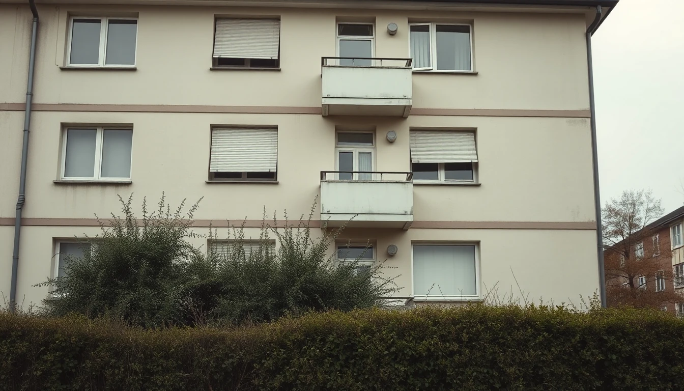 KI-Symbolbild: Ein leicht vernachlässigtes Wohnhaus aus den 1950er-Jahren mit verblasstem Putz, geschlossenen Rollläden und ungeschnittener Hecke.
