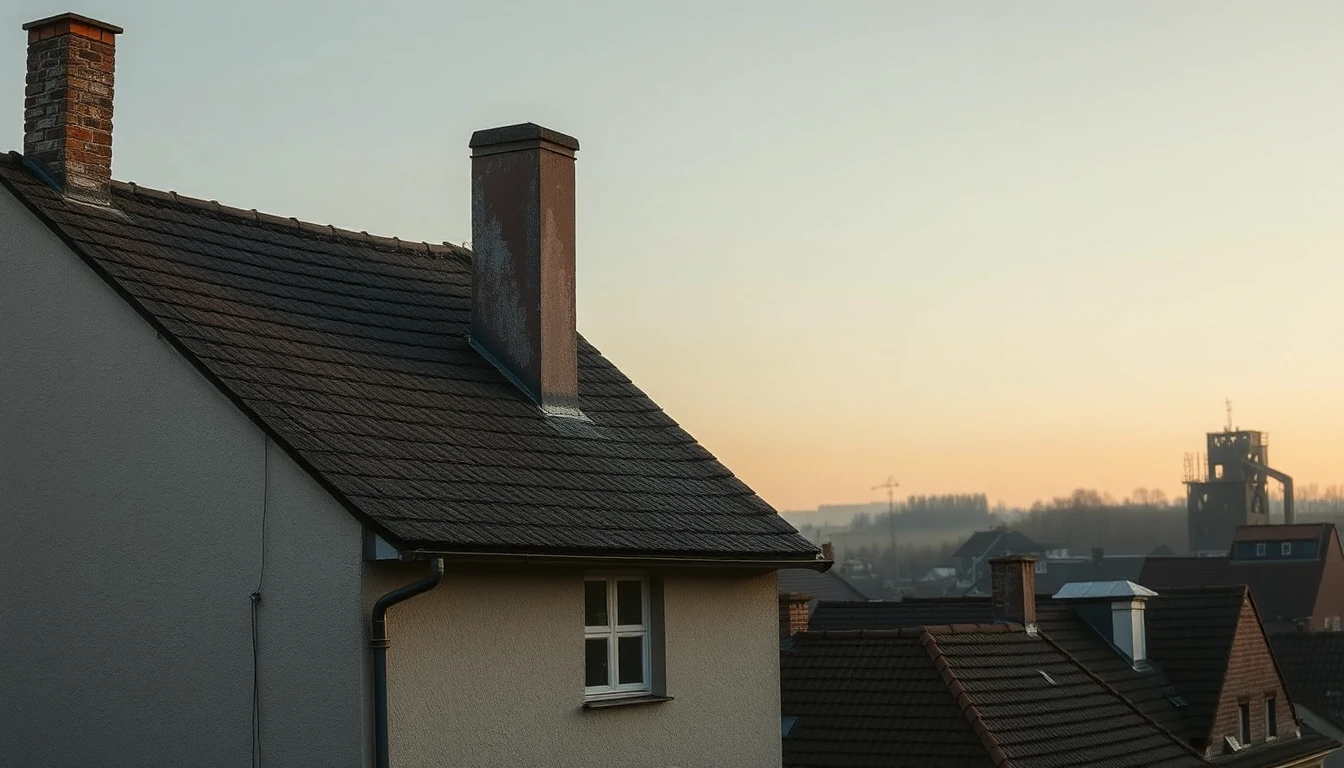 KI-Symbolbild: Verputztes Siedlungshaus mit Ziegeldach im Abendlicht, dahinter Dächer und in der Ferne ein Förderturm.