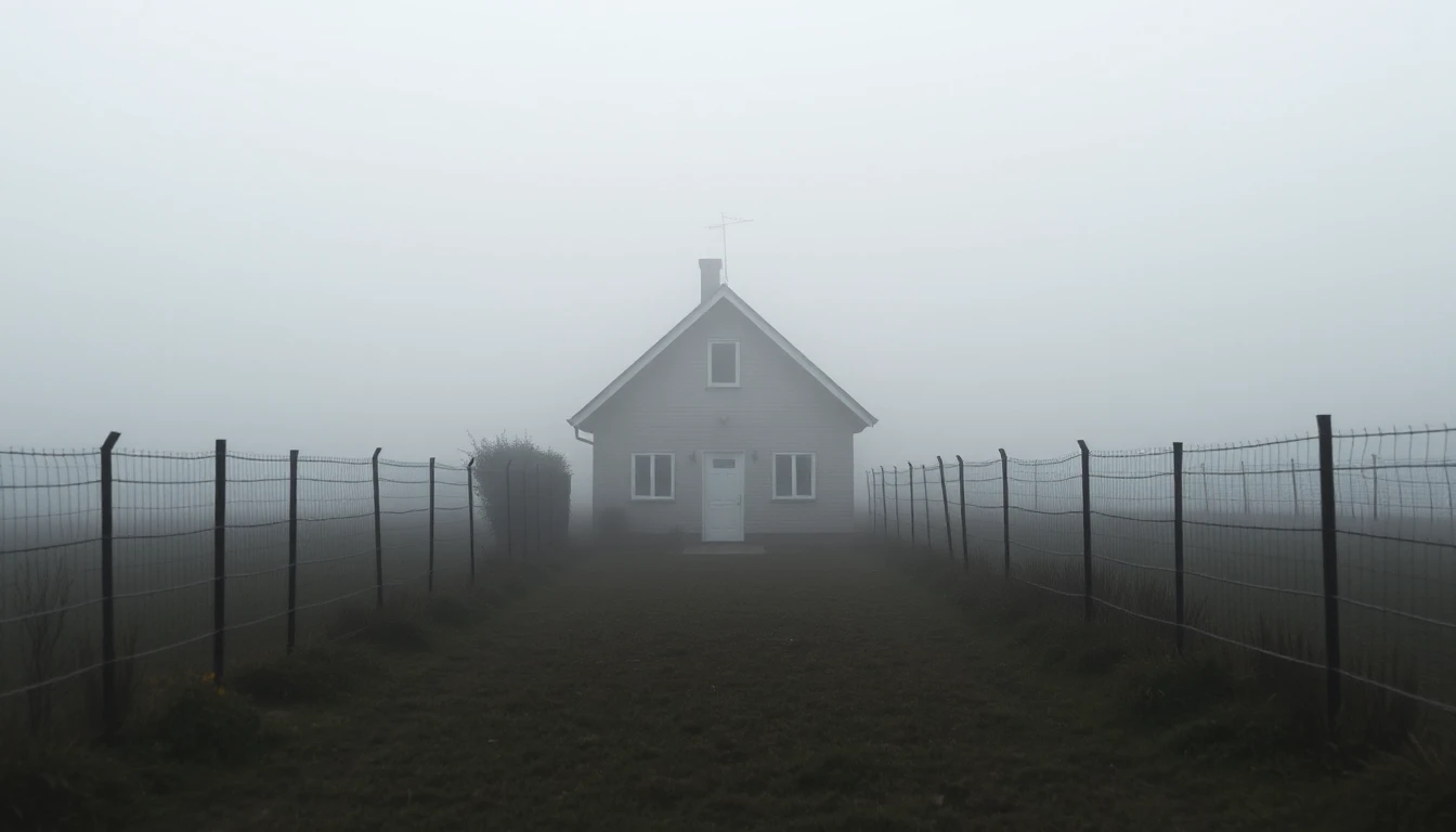 KI-Symbolbild: Einzelnes graues Haus zwischen zwei Drahtzäunen auf einer nebligen Wiese.