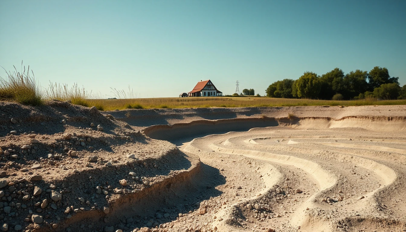 KI-Symbolbild: Kiesgrube mit freiliegenden Sandschichten am Rand einer Wiese, dahinter ein kleines Bauernhaus unter blauem Himmel.