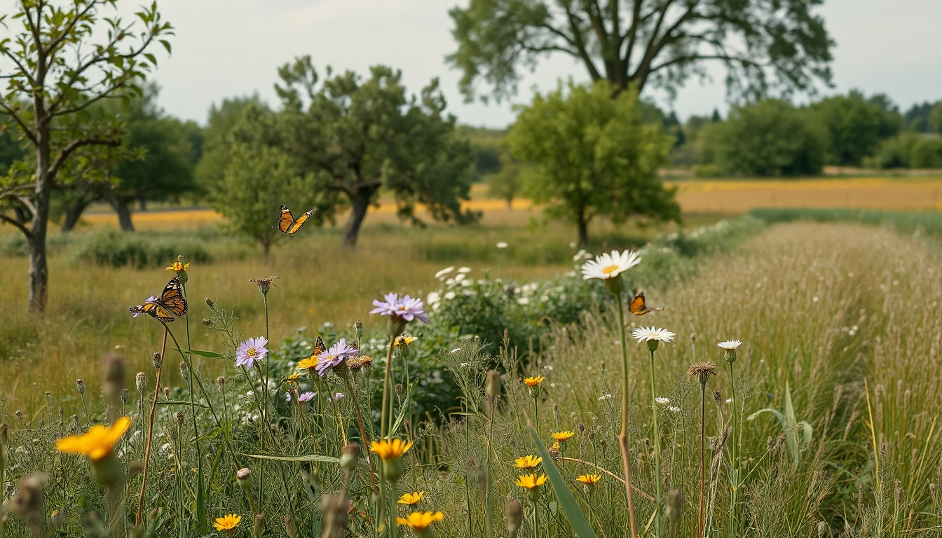 KI-Symbolbild: Blühende Wiese mit ungemähtem Wildblumenstreifen, alten Obstbäumen und Schmetterlingen.
