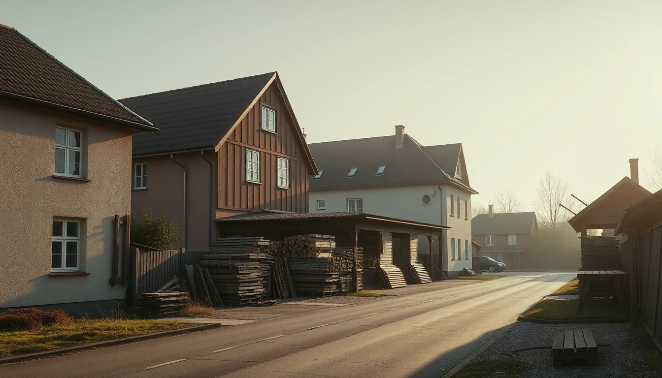 KI-Symbolbild: Ruhige Wohnstraße im Morgenlicht, neben einem Wohnhaus ein überdachter Lagerplatz mit gestapeltem Holz.