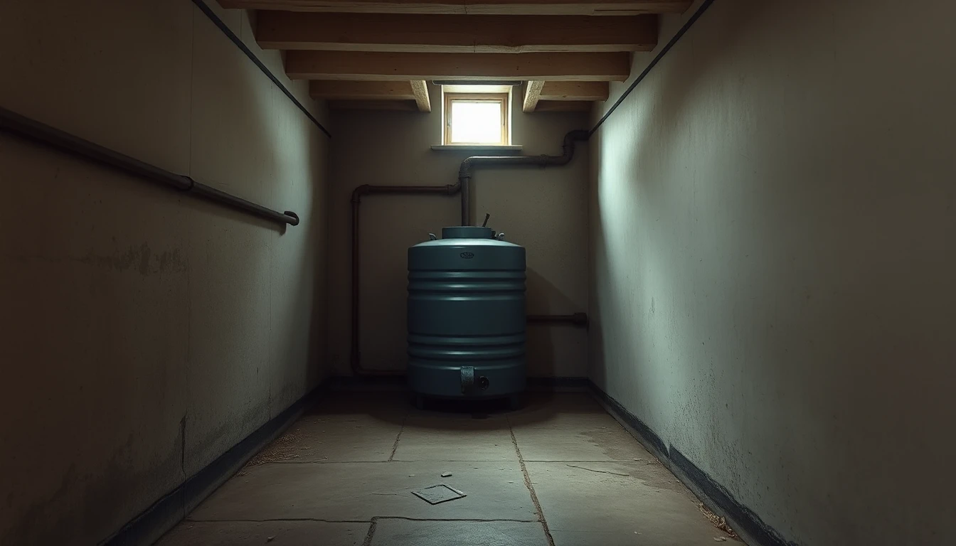 KI-Symbolbild: Heizöltank in einem schlichten Kellerraum, Tageslicht fällt durch ein kleines Kellerfenster.