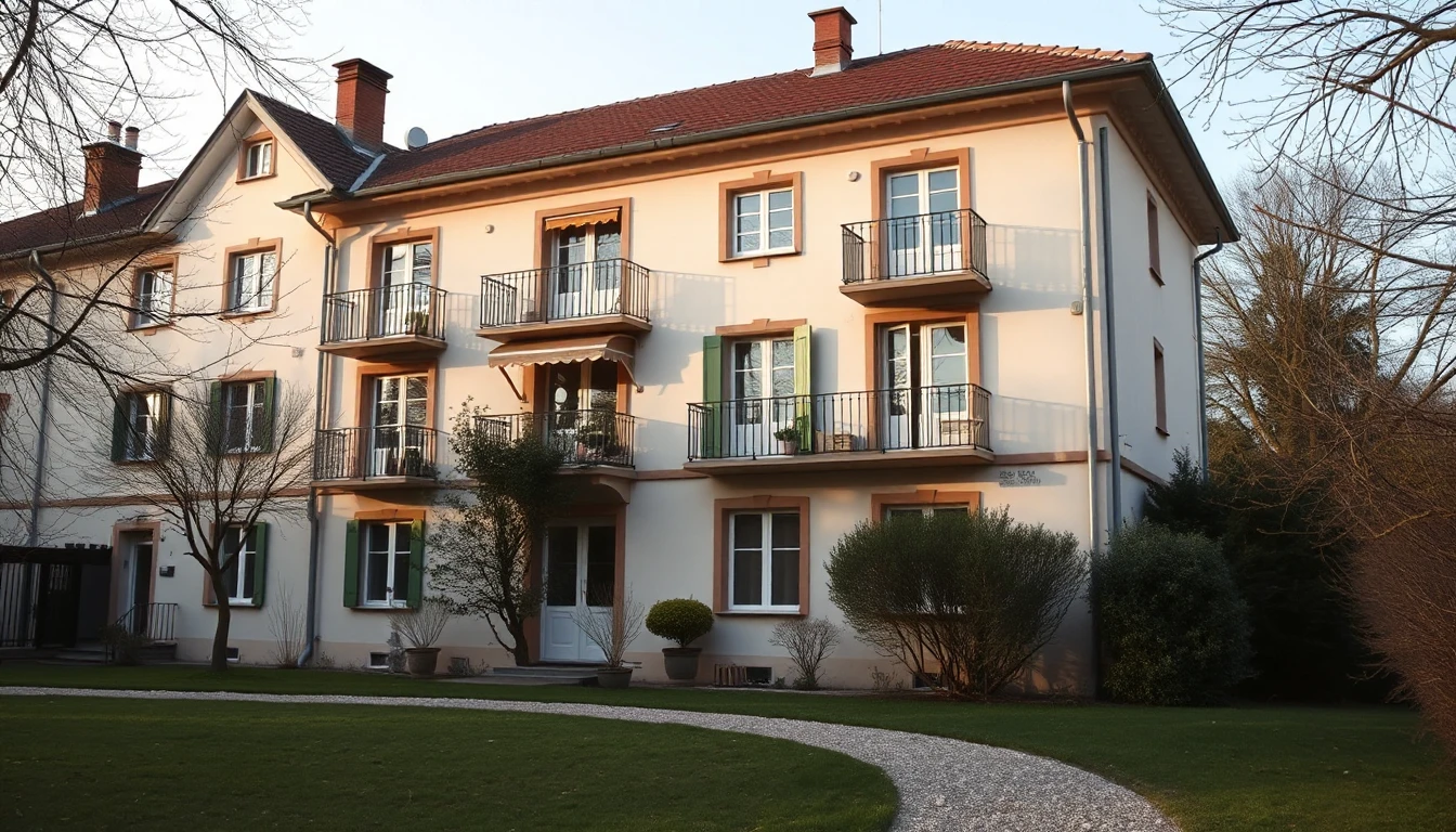 KI-Symbolbild: Alte, verputzte Villa mit mehreren Balkonen und einem geschwungenen Kiesweg durch den Vorgarten.