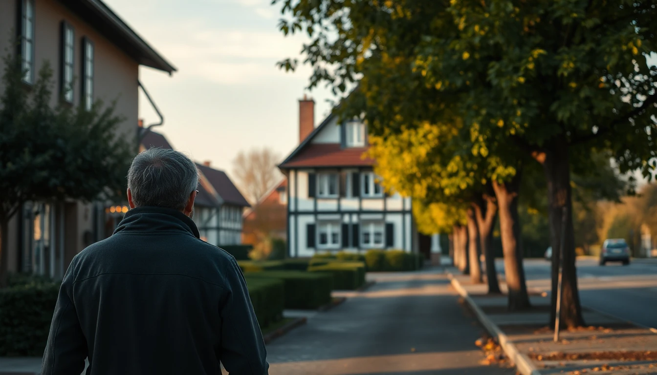 KI-Symbolbild: Person von hinten auf einer baumgesäumten Straße, im Hintergrund ein Fachwerkhaus im Abendlicht.