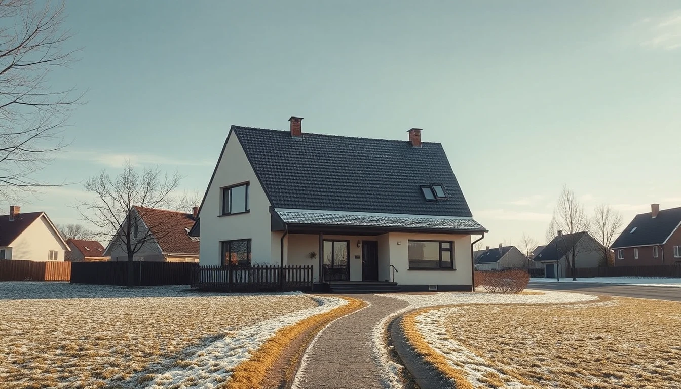 KI-Symbolbild: Einfamilienhaus unter weitem Himmel, ein schmaler Weg führt durch leicht verschneiten Rasen zum Eingang.