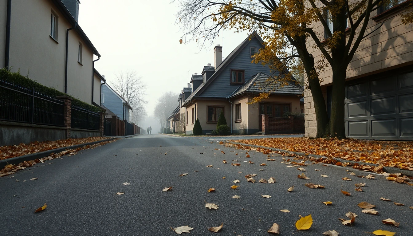 KI-Symbolbild: Stille Wohnstraße an einem grauen Herbstmorgen mit Laub auf dem Asphalt und einem geschlossenen Garagentor.