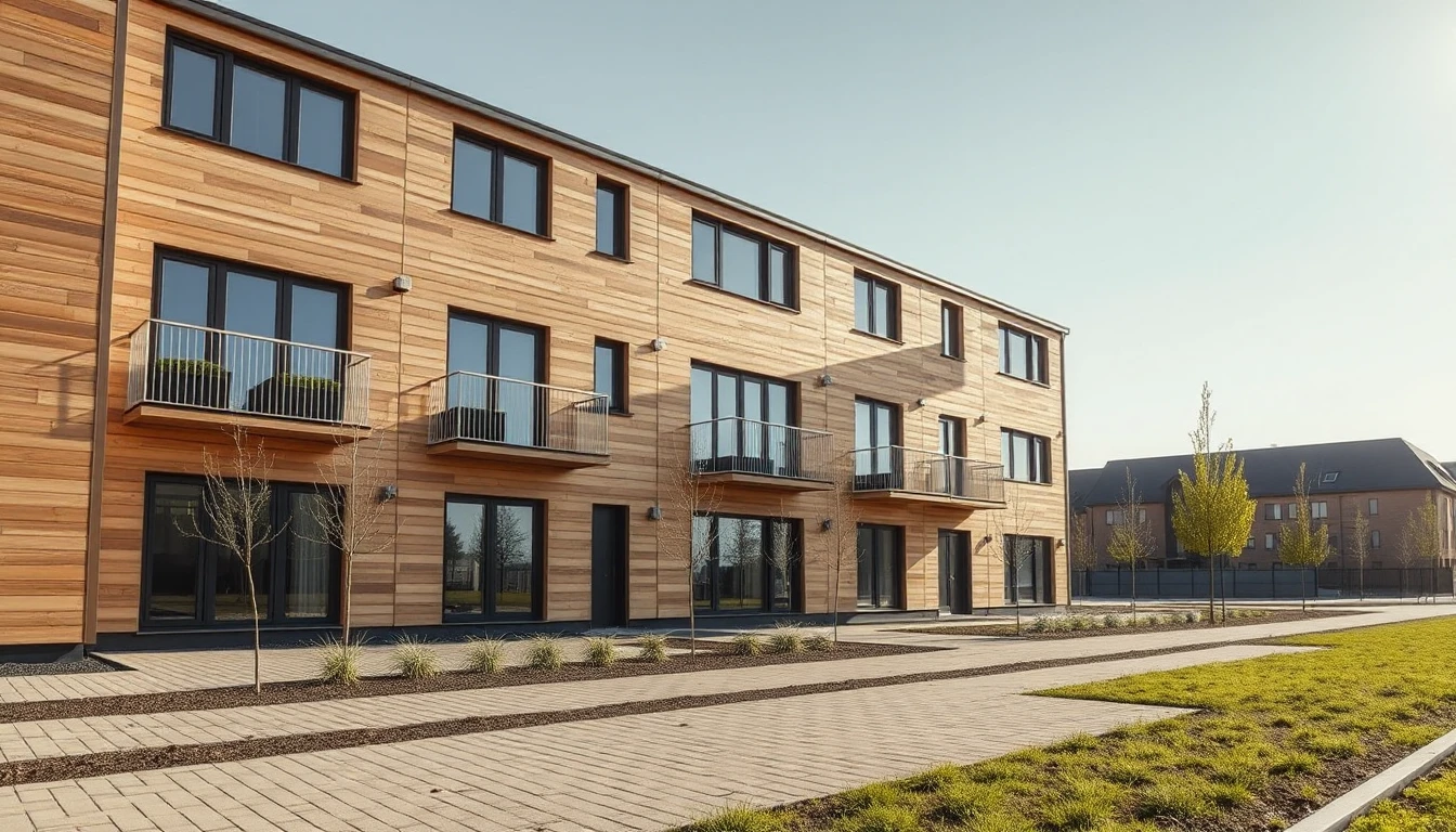 KI-Symbolbild: Neues Mehrfamilienhaus mit Holzfassade und Balkonen, davor frisches Pflaster und junge Bäume im Morgenlicht.