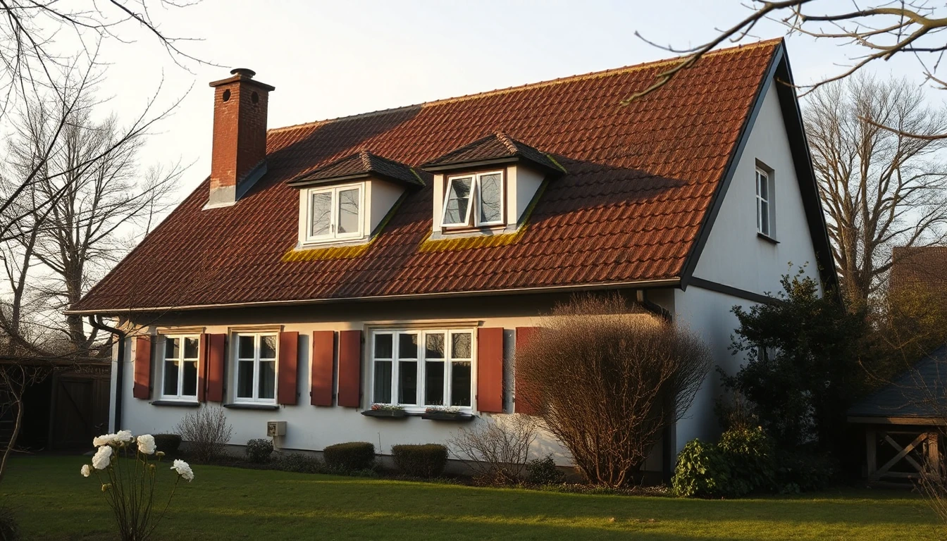 KI-Symbolbild: Älteres Einfamilienhaus mit Satteldach, Gauben, Kamin und Moos auf den Ziegeln, über einen Rasen gesehen.