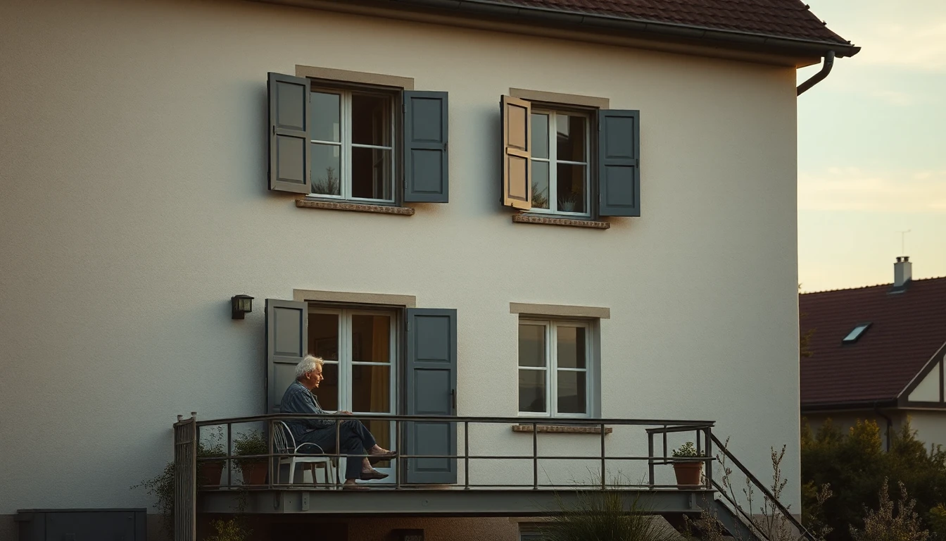 KI-Symbolbild: Ältere Person sitzt im Profil auf der Terrasse im Erdgeschoss eines Hauses, darüber geöffnete Fenster im Abendlicht.