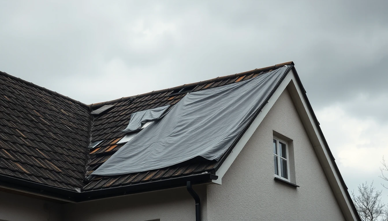 KI-Symbolbild: Sturmbeschädigtes Ziegeldach eines Hauses, ein Teil ist mit einer grauen Plane abgedeckt, darüber Wolken.