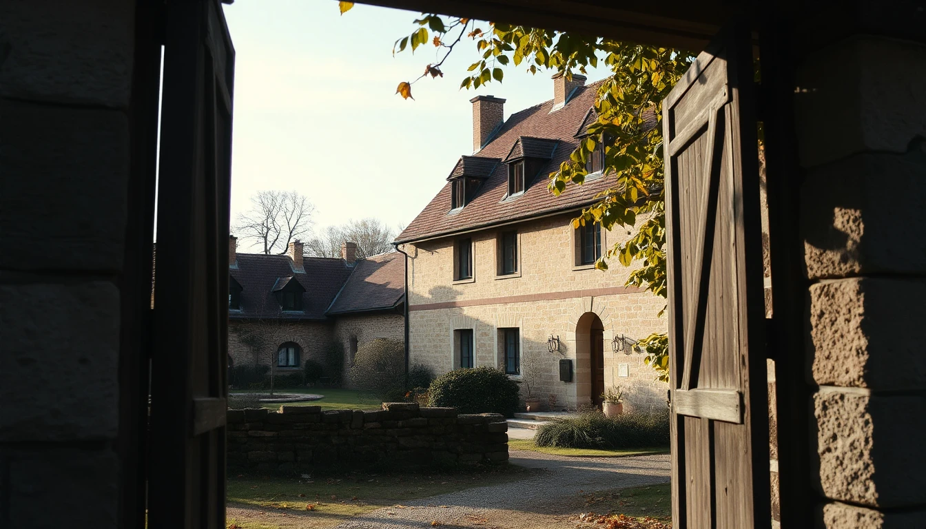 KI-Symbolbild: Altes Sandsteinhaus mit ummauertem Garten, gesehen durch ein offenes Holztor im Herbstlicht.
