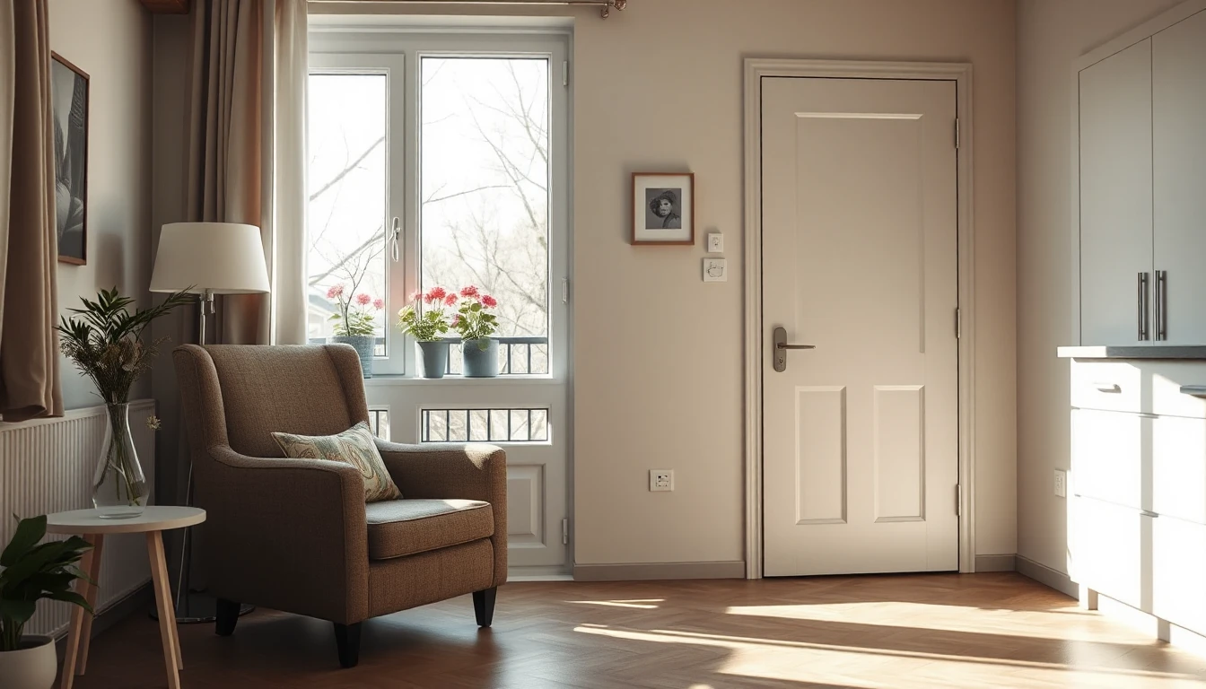 KI-Symbolbild: Helles Zimmer mit Sessel am Fenster, Blumen auf der Fensterbank und einer breiten weißen Tür.
