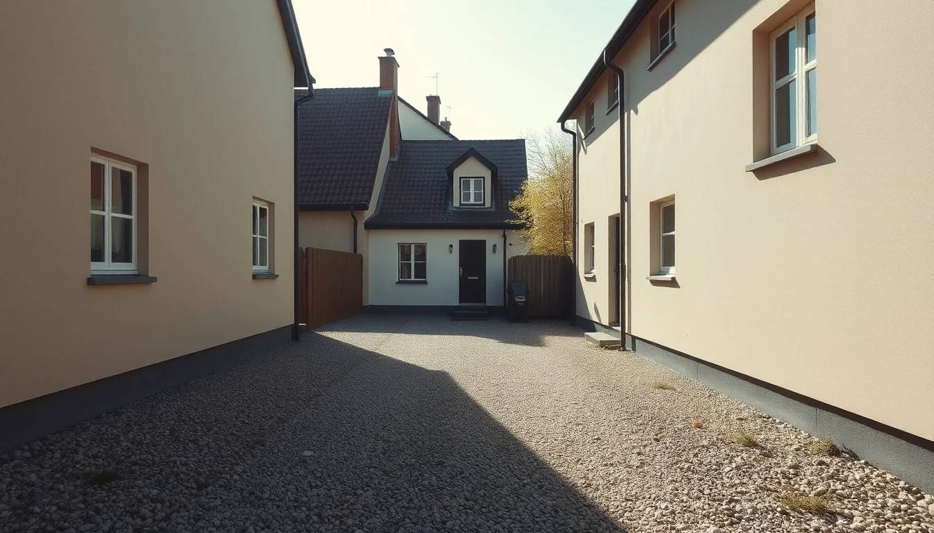 KI-Symbolbild: Schmale Kieszufahrt zwischen zwei Häusern, die zu einem dahinterliegenden Haus führt, im Mittagslicht.