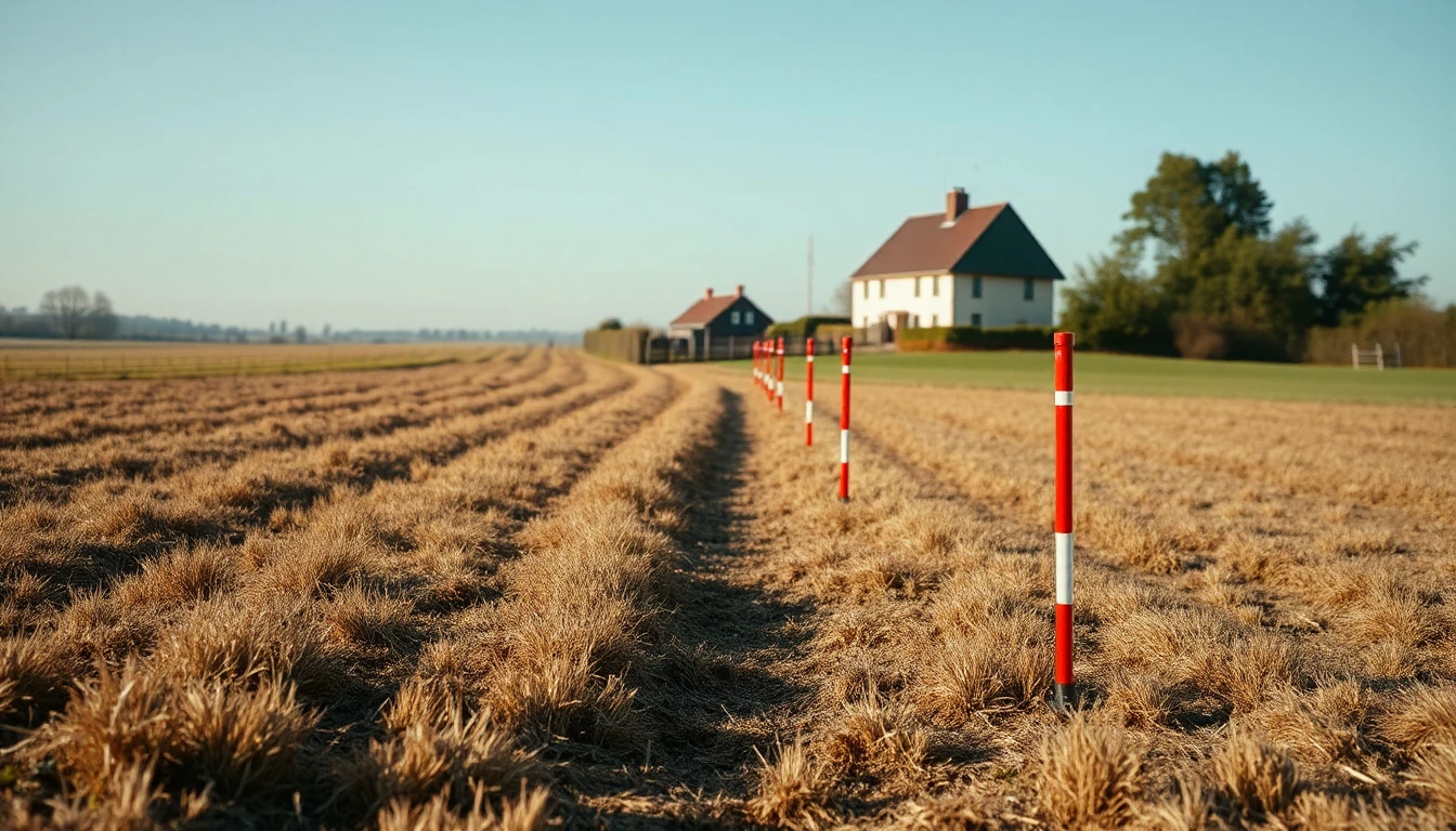 KI-Symbolbild: Wiese mit einer Reihe rot-weißer Vermessungsstäbe, die eine neue Grenzlinie markieren, dahinter ein Bauernhaus.