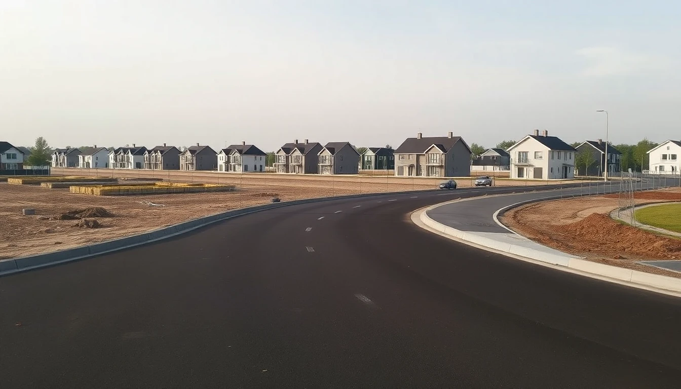 KI-Symbolbild: Neubaugebiet am Ortsrand mit frisch asphaltierter Straße, vorbereiteten Bauplätzen und ersten Häusern.