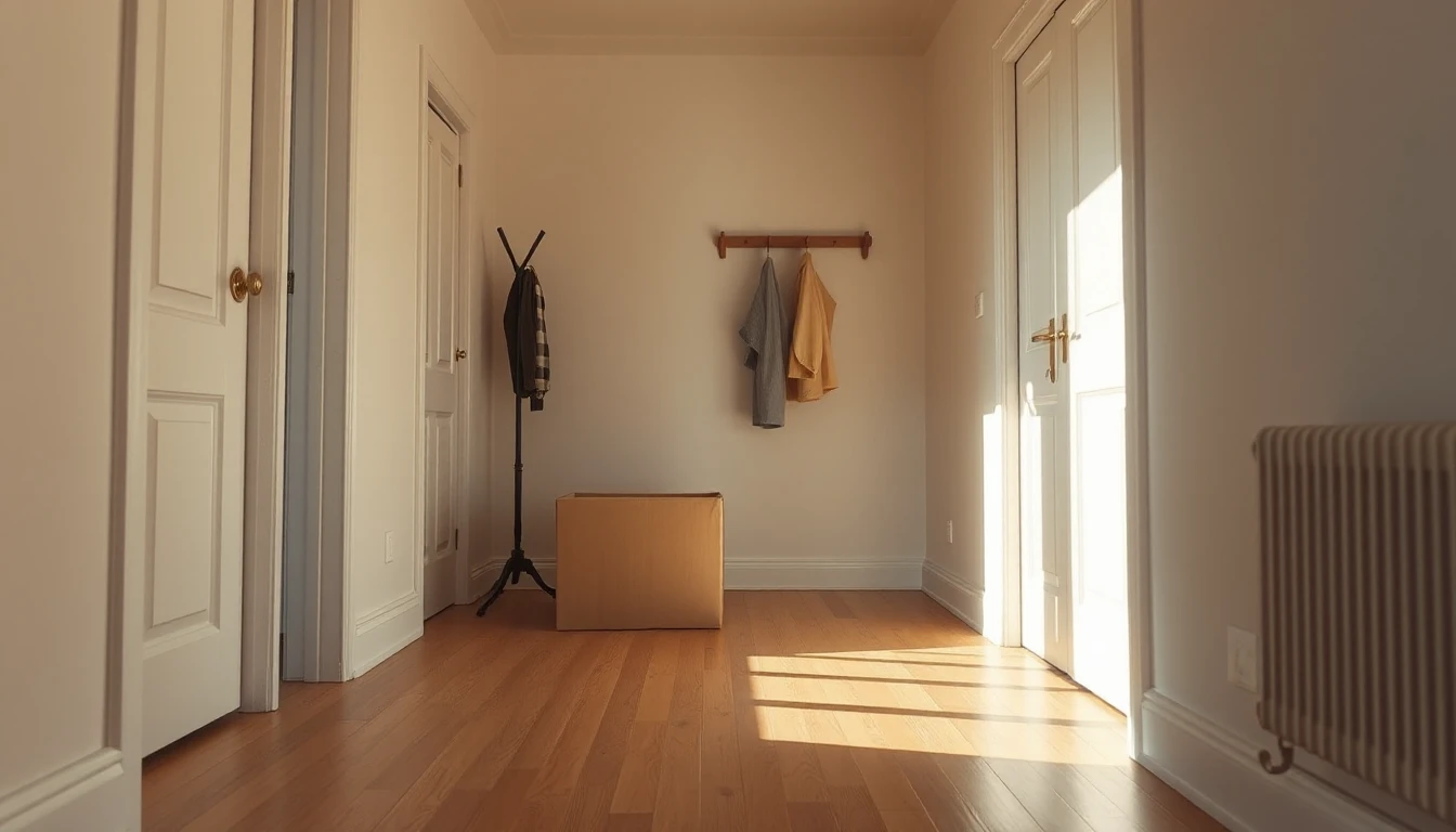 KI-Symbolbild: Heller Hausflur mit einem schlichten Umzugskarton, Garderobe und Sonnenlicht auf dem Holzboden.