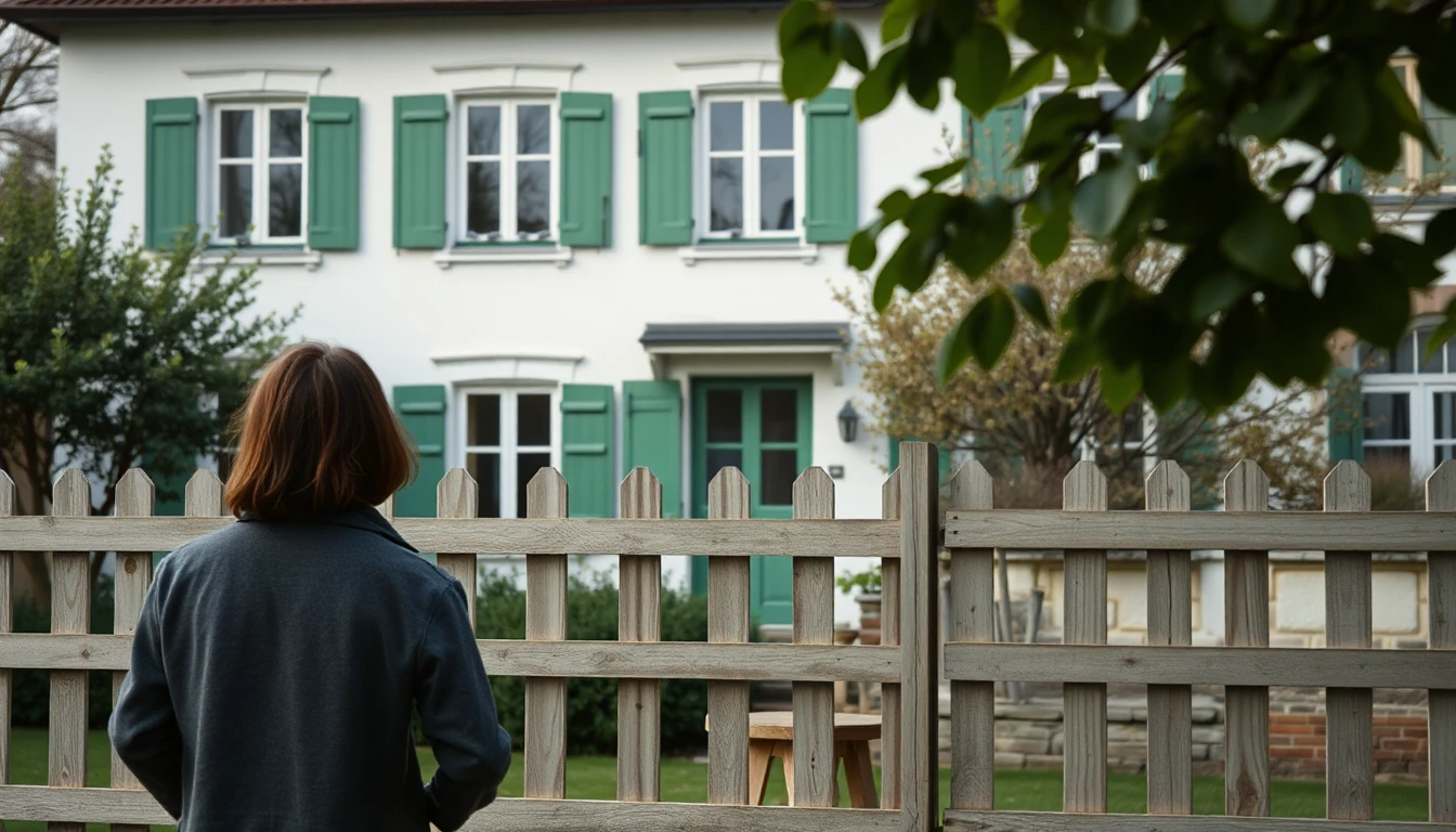 KI-Symbolbild: Person von hinten am Holzzaun vor einem weißen Haus mit grünen Fensterläden.