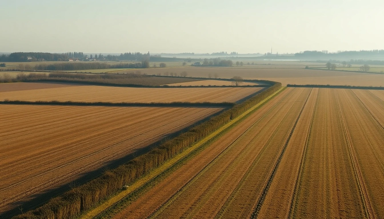 KI-Symbolbild: Weite Agrarlandschaft mit neu geordneten Feldparzellen, einer Hecke und einem kleinen Dorf am Horizont im Morgenlicht.