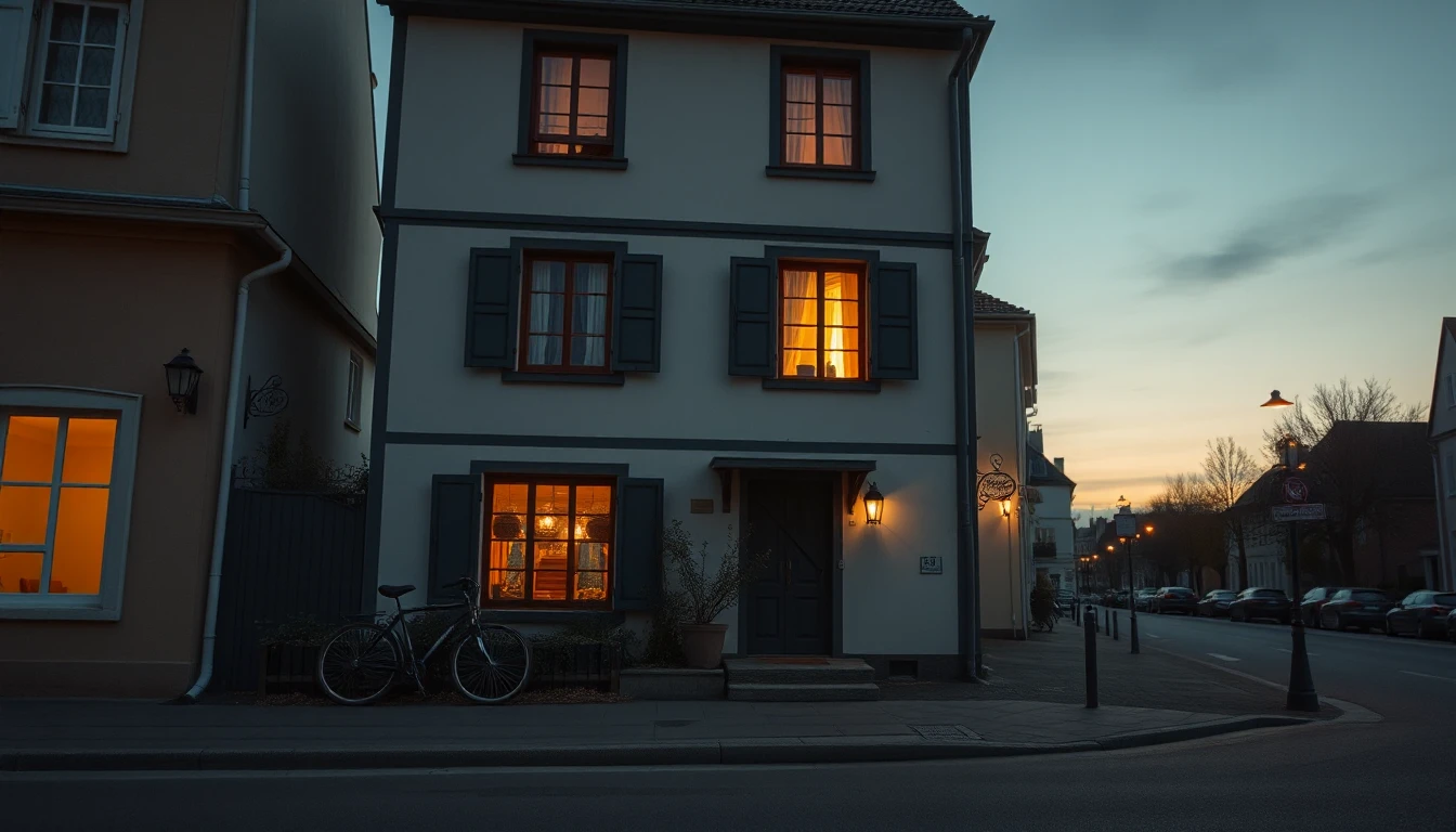 KI-Symbolbild: Stadthaus in der Abenddämmerung mit warm erleuchteten Fenstern und einem Fahrrad an der Fassade, daneben eine ruhige Straße.