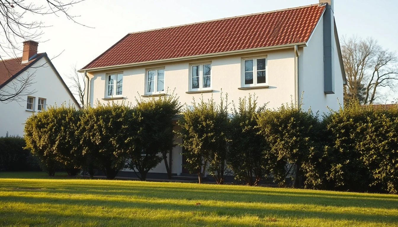 KI-Symbolbild: Weißes Einfamilienhaus mit rotem Ziegeldach hinter einer jungen Hecke, davor ein frisch gemähter Rasen im Morgenlicht.