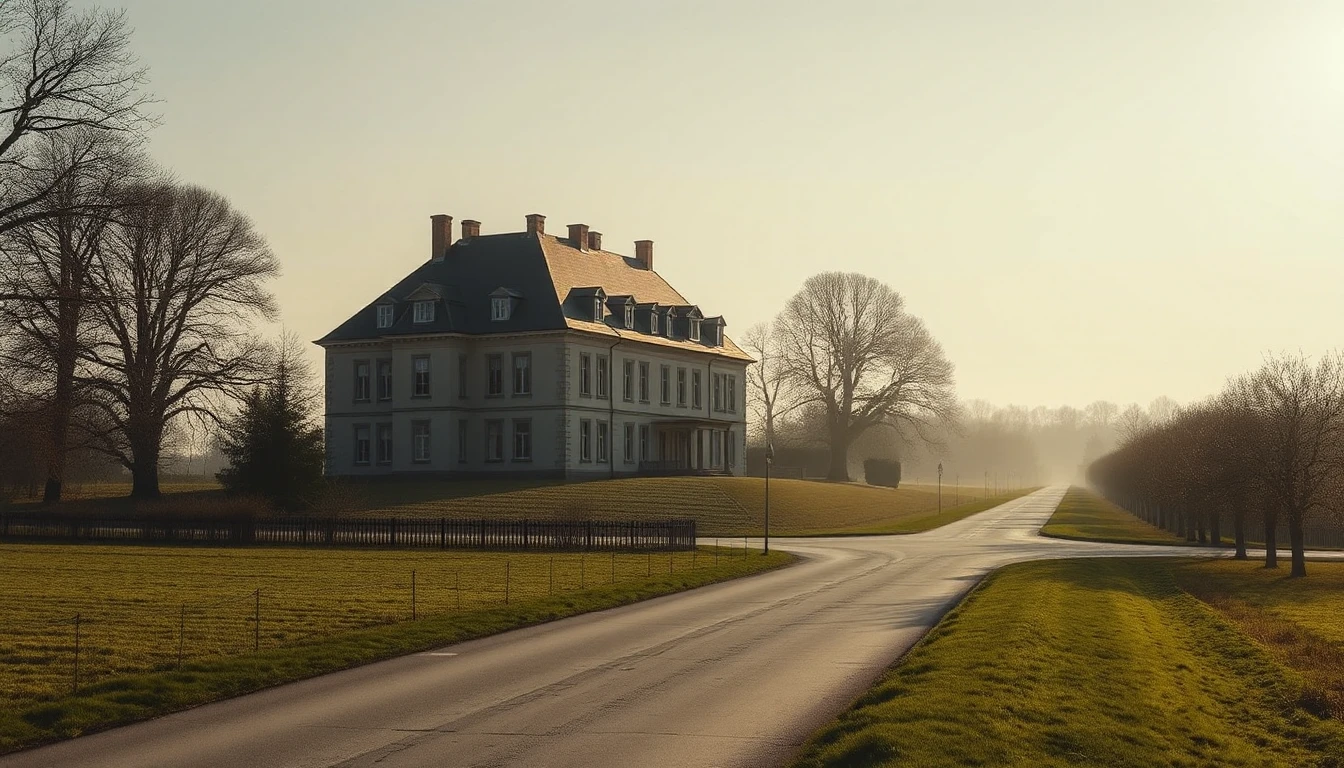 KI-Symbolbild: Herrschaftliches Gutshaus an einer Kreuzung von Landstraßen, von der eine Baumallee in die Ferne führt, im diesigen Morgenlicht.