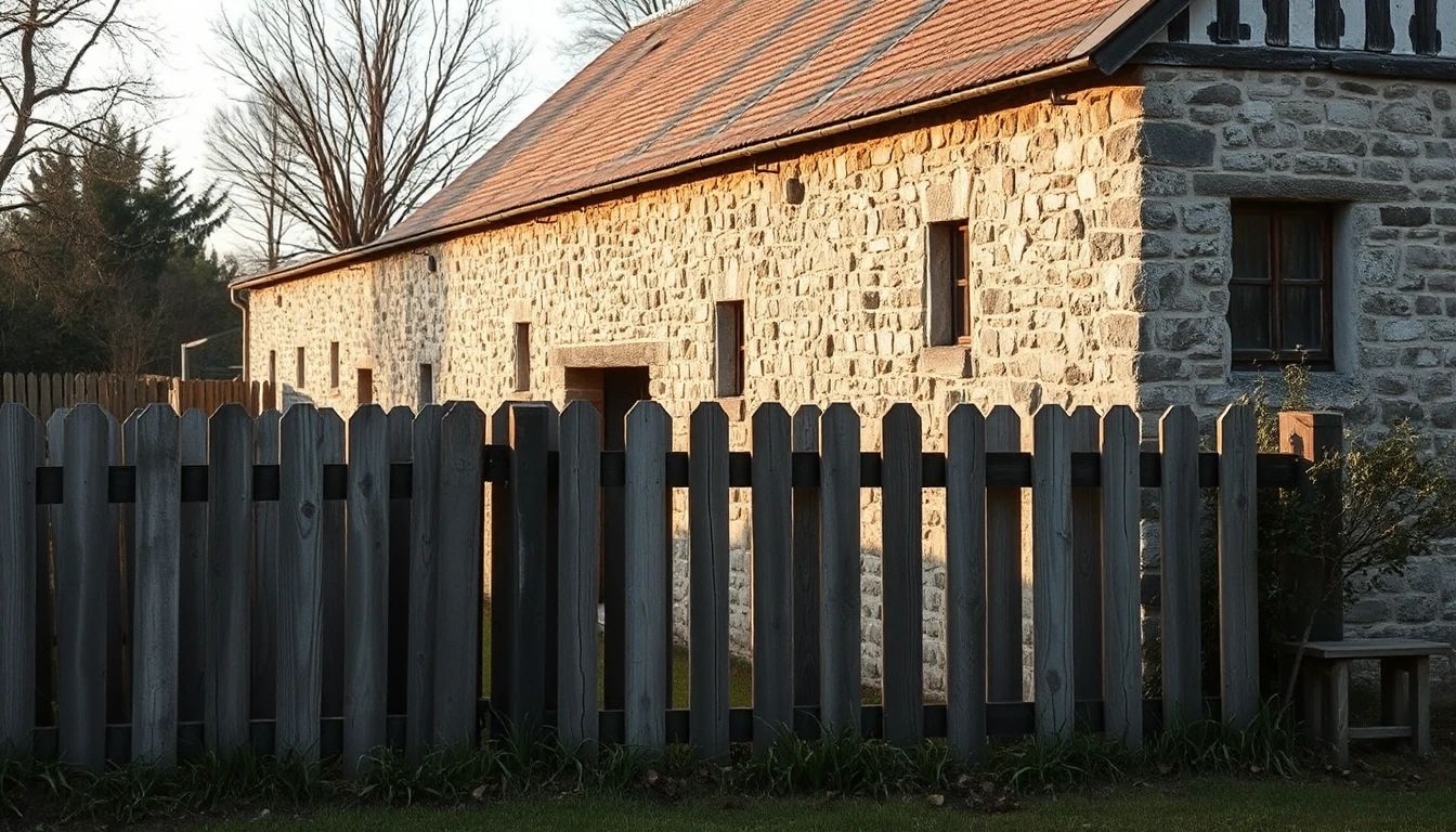 KI-Symbolbild: Alte Bruchsteinscheune direkt hinter einem verwitterten Holzzaun an der Grundstücksgrenze im Nachmittagslicht.