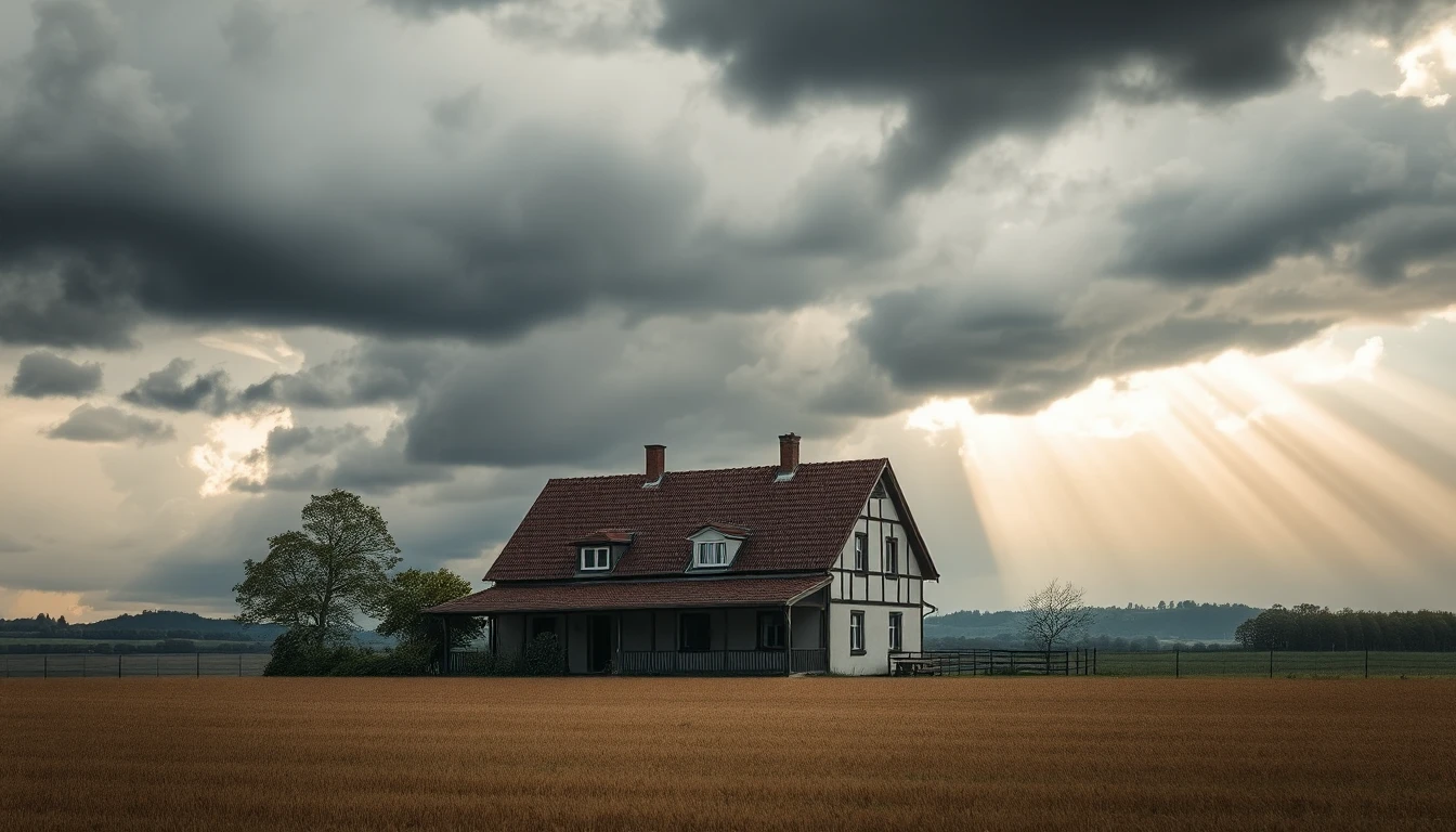 KI-Symbolbild: Fachwerkhaus mit Ziegeldach unter dunklen Wolken, durch die Sonnenstrahlen brechen, davor ein weites Feld.