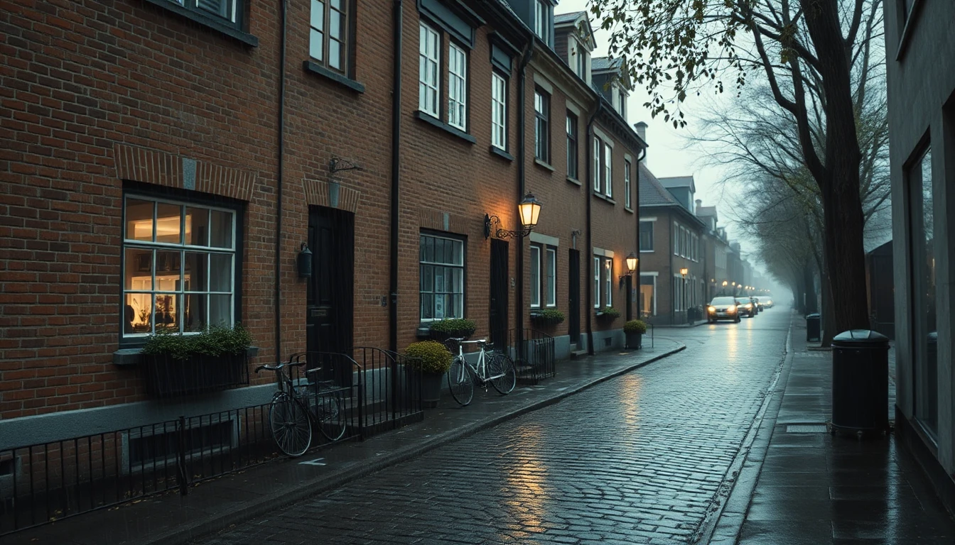 KI-Symbolbild: Backstein-Reihenhäuser an einer schmalen Straße im Regen, nasses Kopfsteinpflaster spiegelt die erleuchteten Fenster.