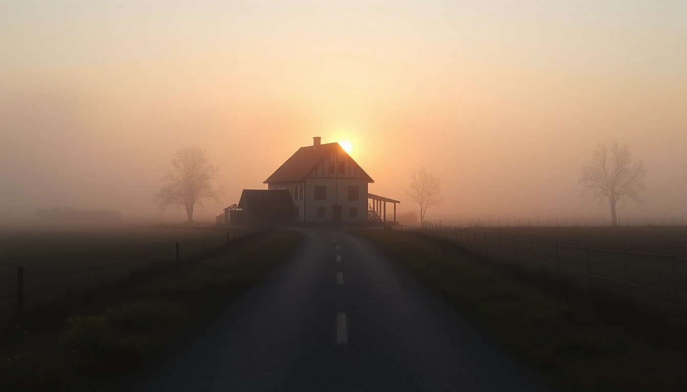 KI-Symbolbild: Ein Bauernhaus im Morgennebel am Ende einer geraden Landstraße, hinter dem Dach bricht die Sonne durch.