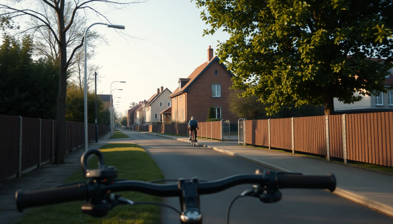 KI-Symbolbild: Blick vom Radweg über einen Fahrradlenker auf eine Wohnstraße mit Backsteinhaus, ein Radfahrer klein in der Ferne, Sommerabend.