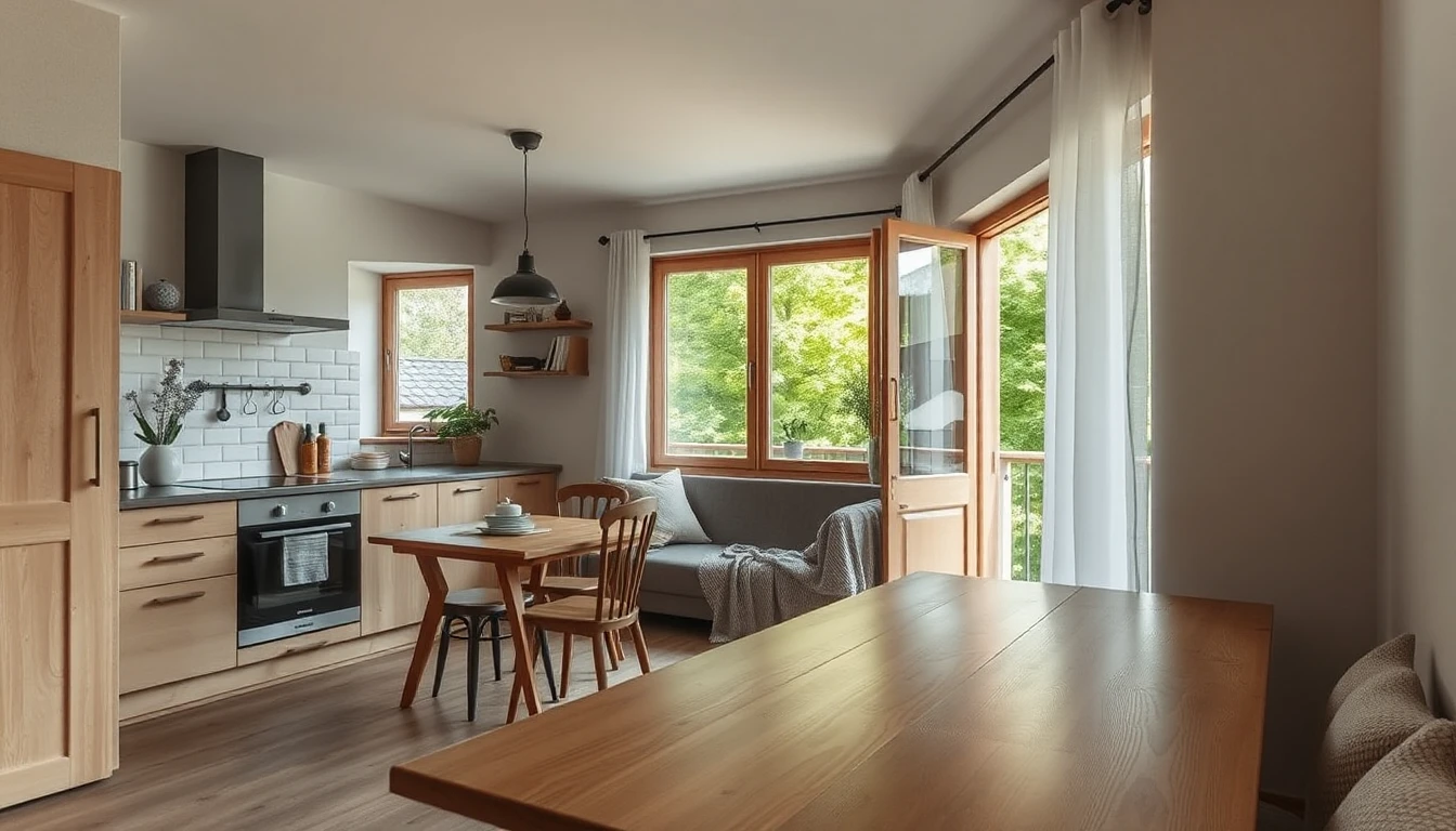KI-Symbolbild: Helle Wohnküche mit Holztisch, Sofa und offener Balkontür zu grünen Bäumen am späten Vormittag.