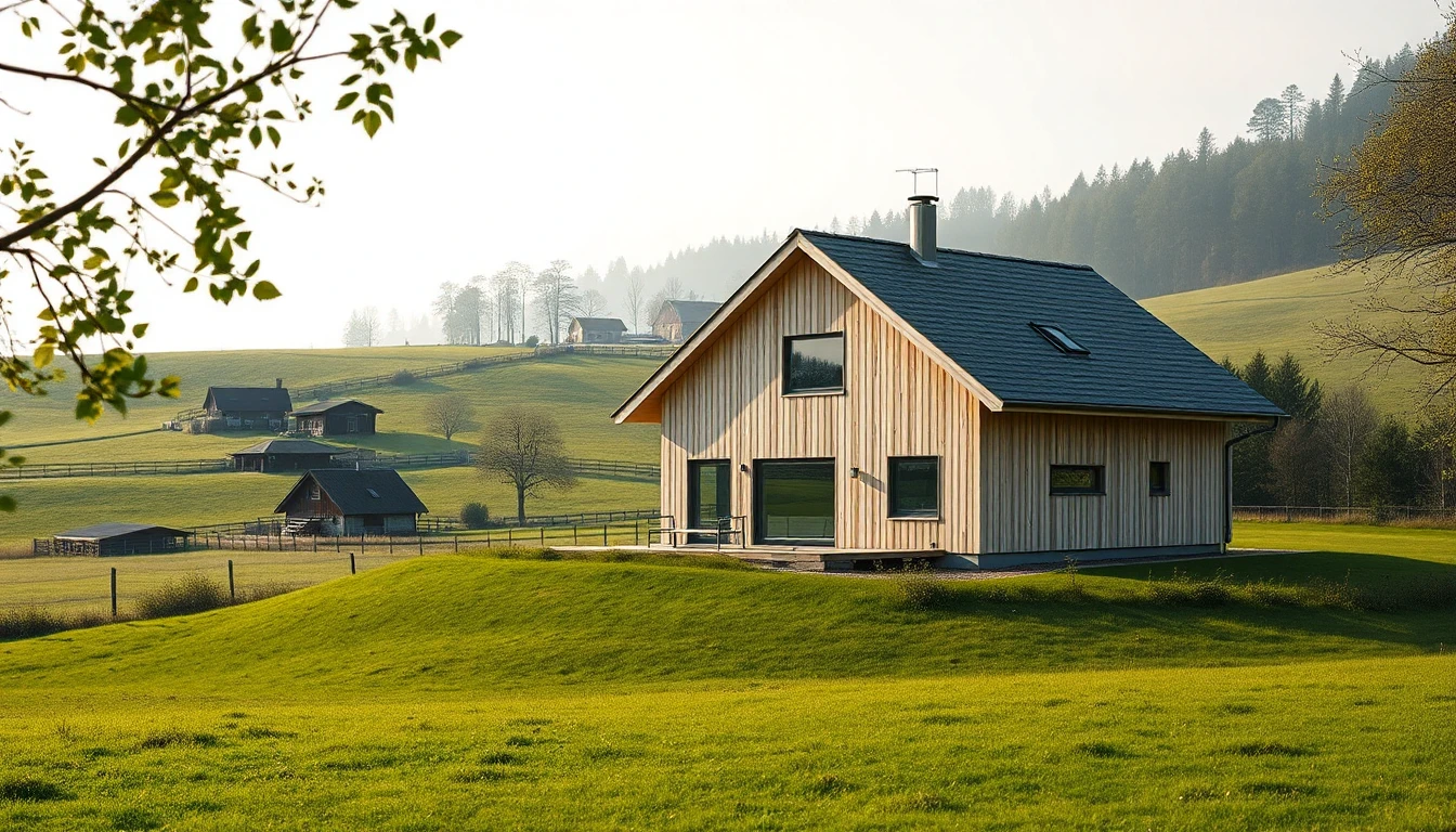 KI-Symbolbild: Ein modernes, hell verschaltes Holzhaus mit Satteldach steht auf einer Wiese am Ortsrand, dahinter Bauernhöfe, Weiden und Wald.