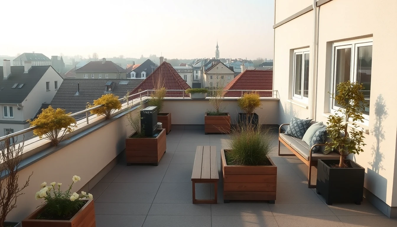 KI-Symbolbild: Gemeinschaftliche Dachterrasse eines Wohnhauses mit Pflanzkästen, Holzbank und Sofa, dahinter Dächer der Stadt.