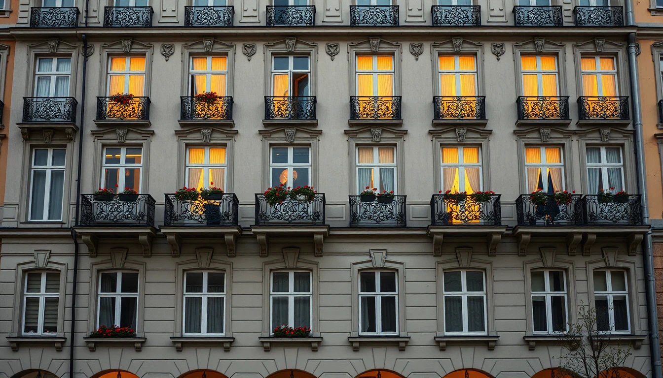 KI-Symbolbild: Fassade eines Gründerzeit-Mehrfamilienhauses mit schmiedeeisernen Balkonen, Blumenkästen und warm beleuchteten Fenstern am Abend.