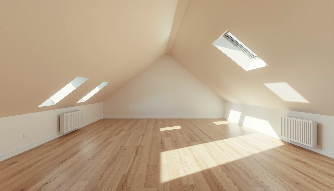 KI-Symbolbild: Leere Dachgeschosswohnung mit Dachschrägen, Dachfenstern und hellem Holzboden, auf dem Sonnenflecken liegen.