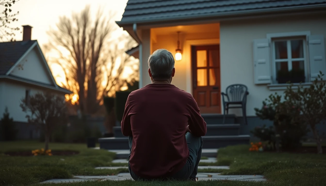 KI-Symbolbild: Eine Person sitzt von hinten gesehen bei Sonnenuntergang vor den Stufen eines Einfamilienhauses.