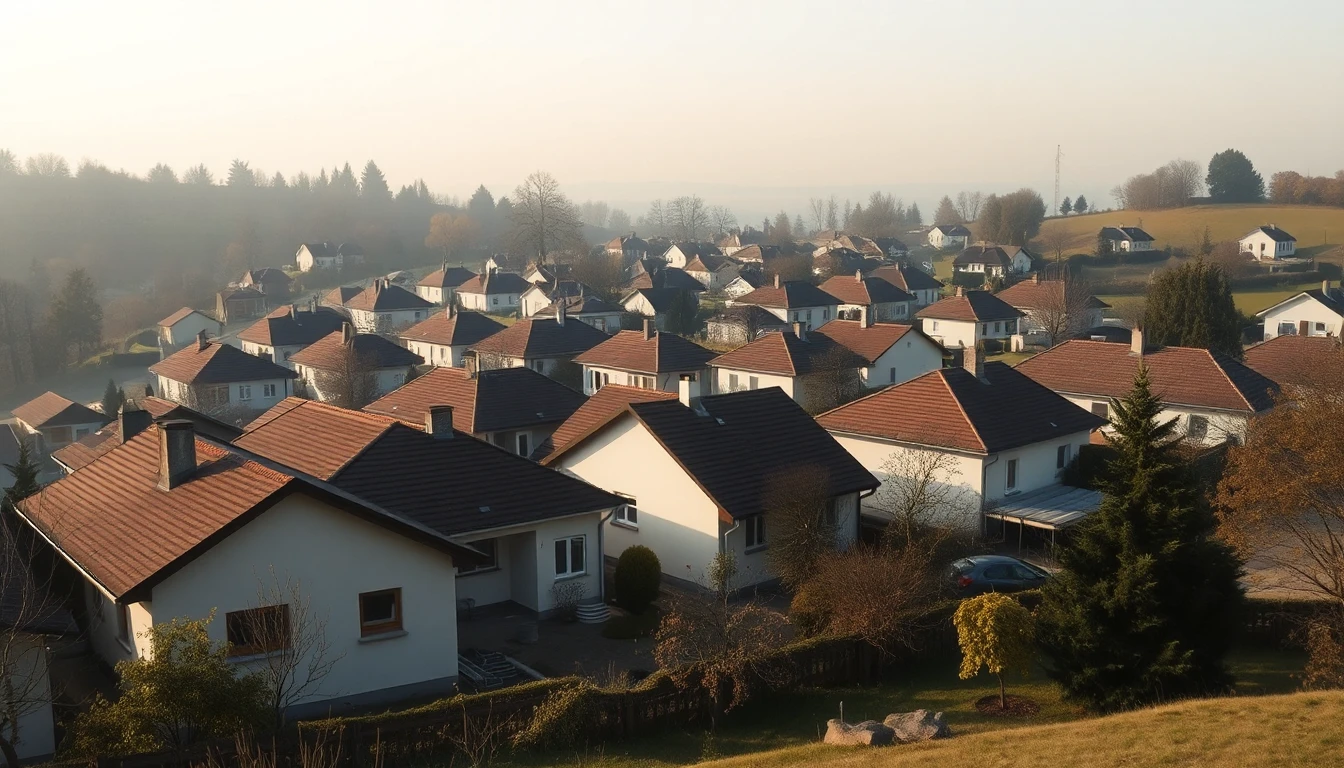 KI-Symbolbild: Blick von einem Hügel auf eine Siedlung mit gleichförmigen Dächern und eingewachsenen Gärten im Morgenlicht.