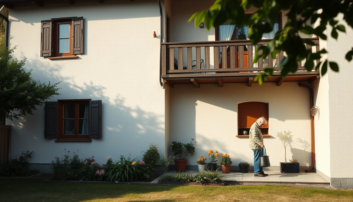 KI-Symbolbild: Eine ältere Person gießt Blumen vor der Erdgeschosswohnung eines Hauses mit Holzbalkon.