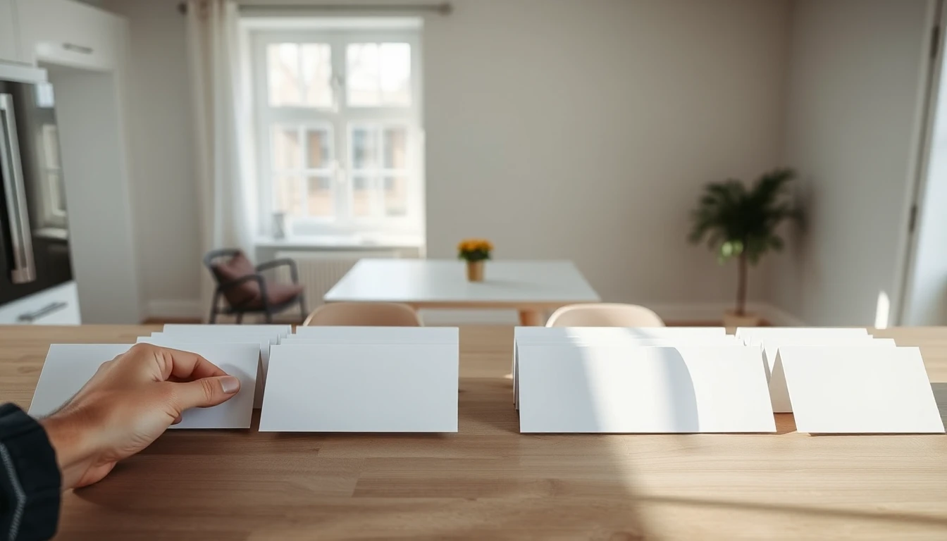 KI-Symbolbild: Leere weisse Karten liegen in zwei Gruppen auf einem Holztisch in einer hellen, leeren Wohnkueche, eine Hand schiebt eine Karte.