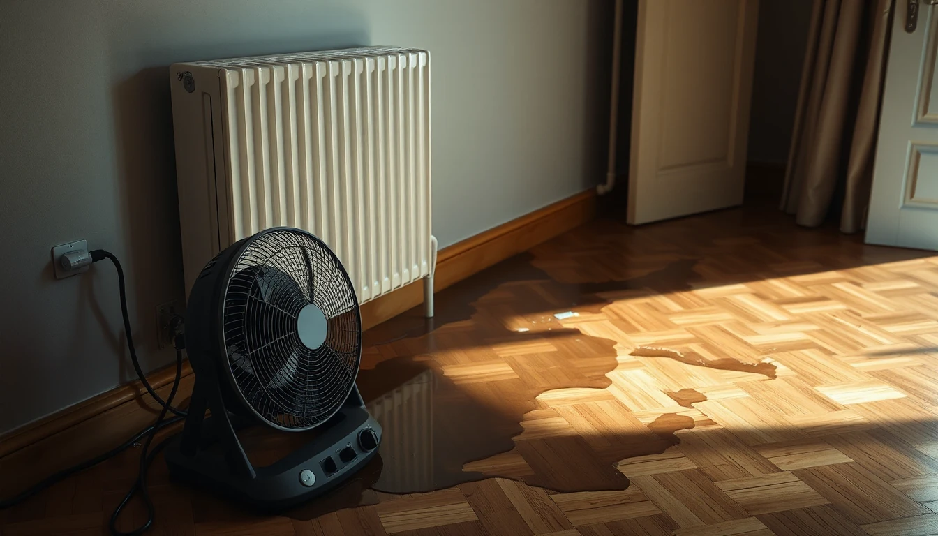 KI-Symbolbild: Ein Ventilator trocknet nasses Parkett neben einem Heizkörper.